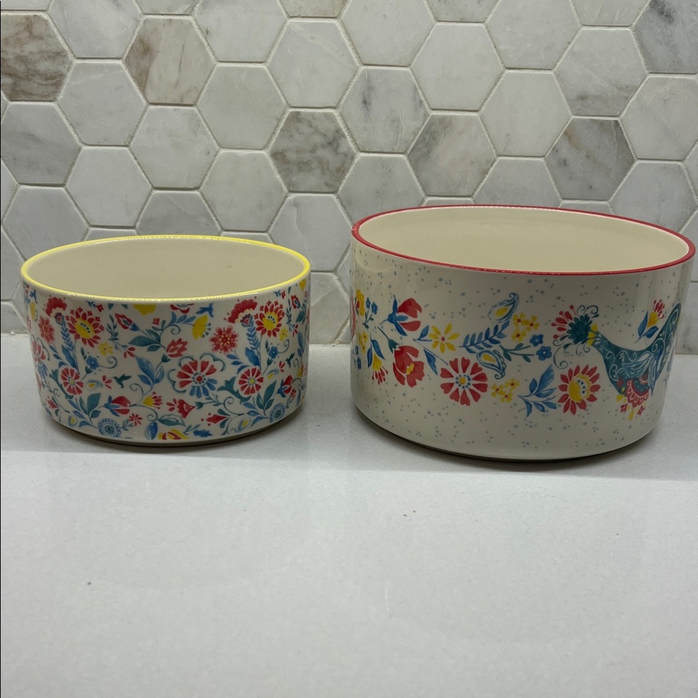 Set Of 2 PIONEER WOMAN Nesting Stacking Mixing Bowls HTF Blue Yellow 7” & 6” EUC